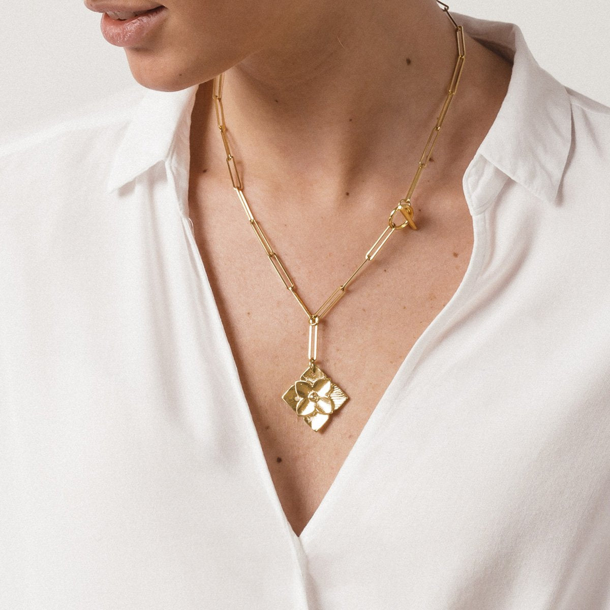 Foto de Detalle de Collar en baño de Oro con modelo de CXC